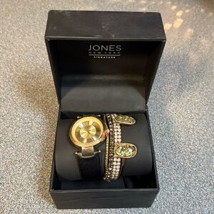 Jones New York Gold Watch with Black Strap and Bracelets